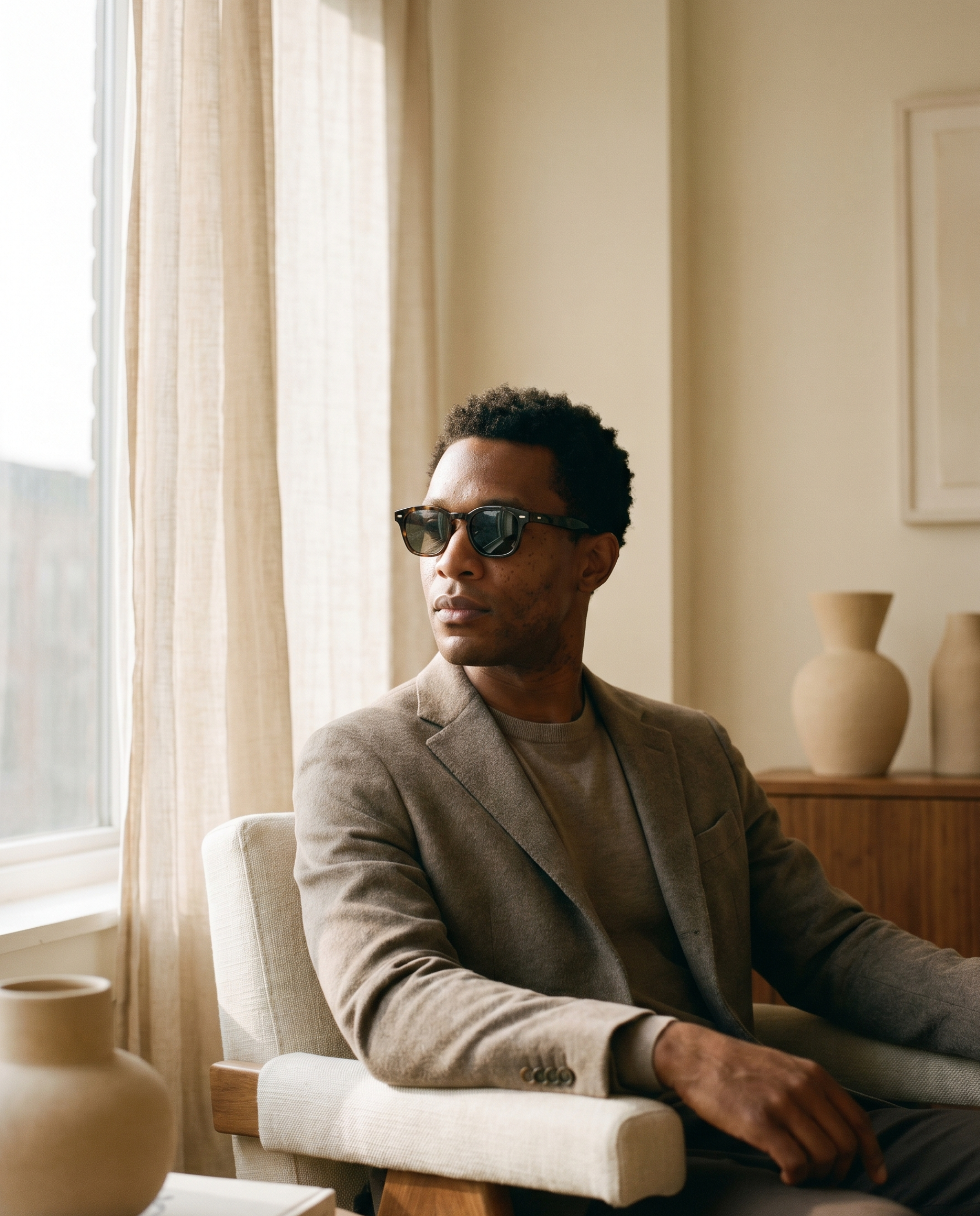 Best Sellers Men — man in sunglasses, warm window light